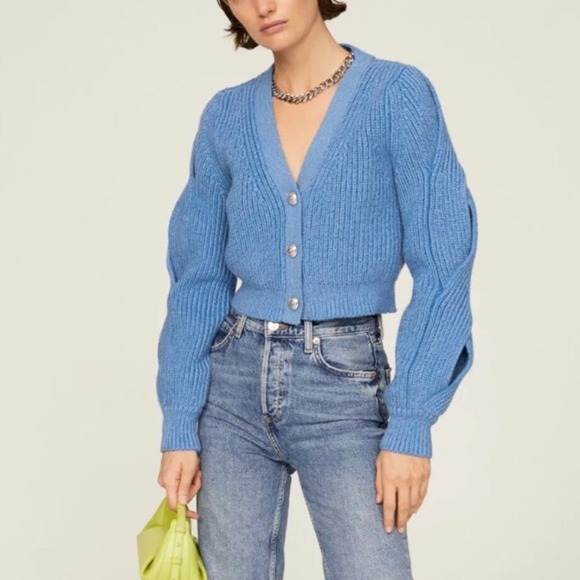 Derek Lam 10 Crosby Sweaters - Derek Lam‎ 10 Crosby Blue Ribbed Cropped Cardigan Sweater Cutout Sleeve Medium